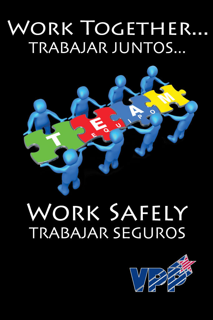 Poster with blue figures holding puzzle pieces spelling 'TEAM' on a black background, featuring text in English and Spanish about teamwork and safety.