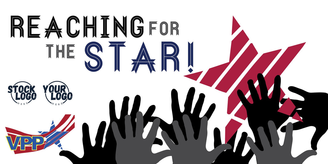 Silhouettes of hands reaching towards a red star with text 'Reaching for the Star!' and placeholders for logos.