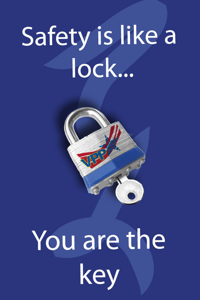Lock with VPP logo on a blue background with safety slogan