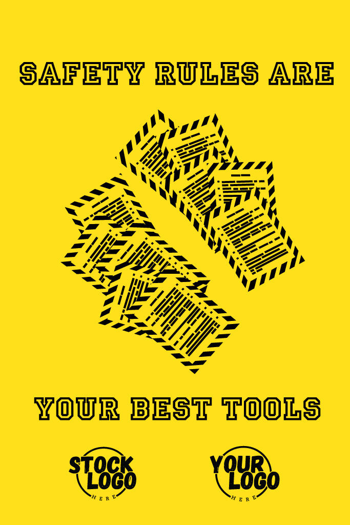 Safety-themed design with text and logos on a yellow background