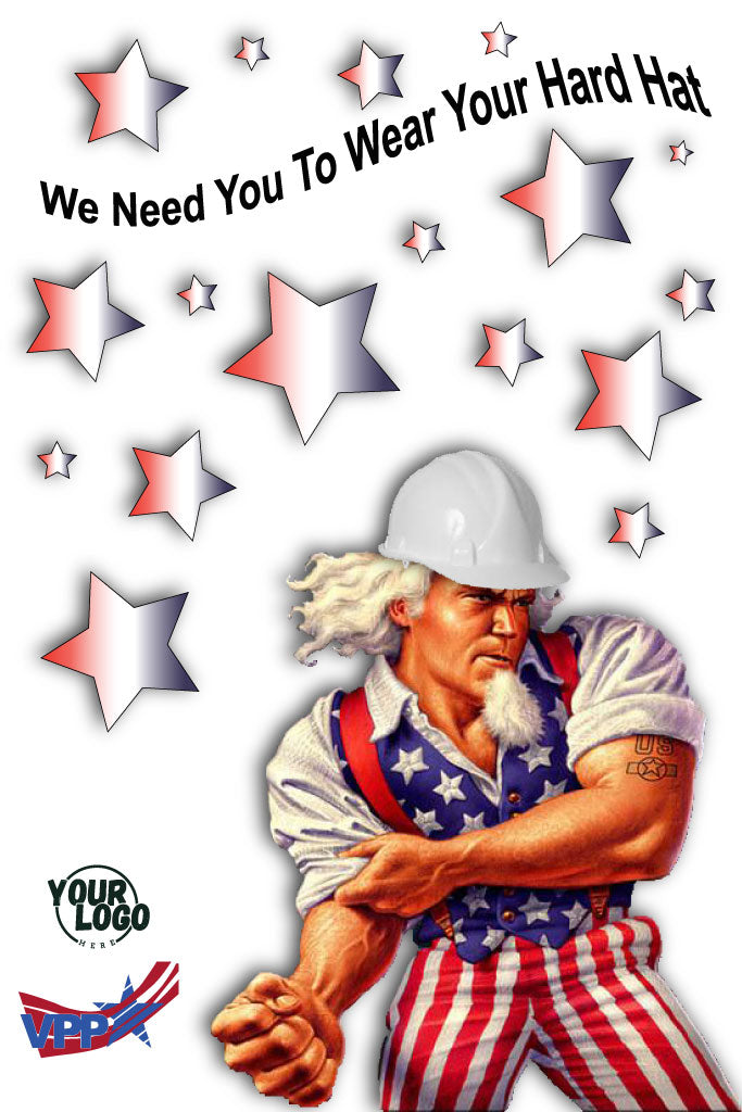Cartoon character in a hard hat with stars and text 'We Need You To Wear Your Hard Hat' on a white background.