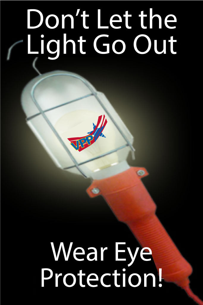 Safety light with VHP logo on a black background, promoting eye protection.