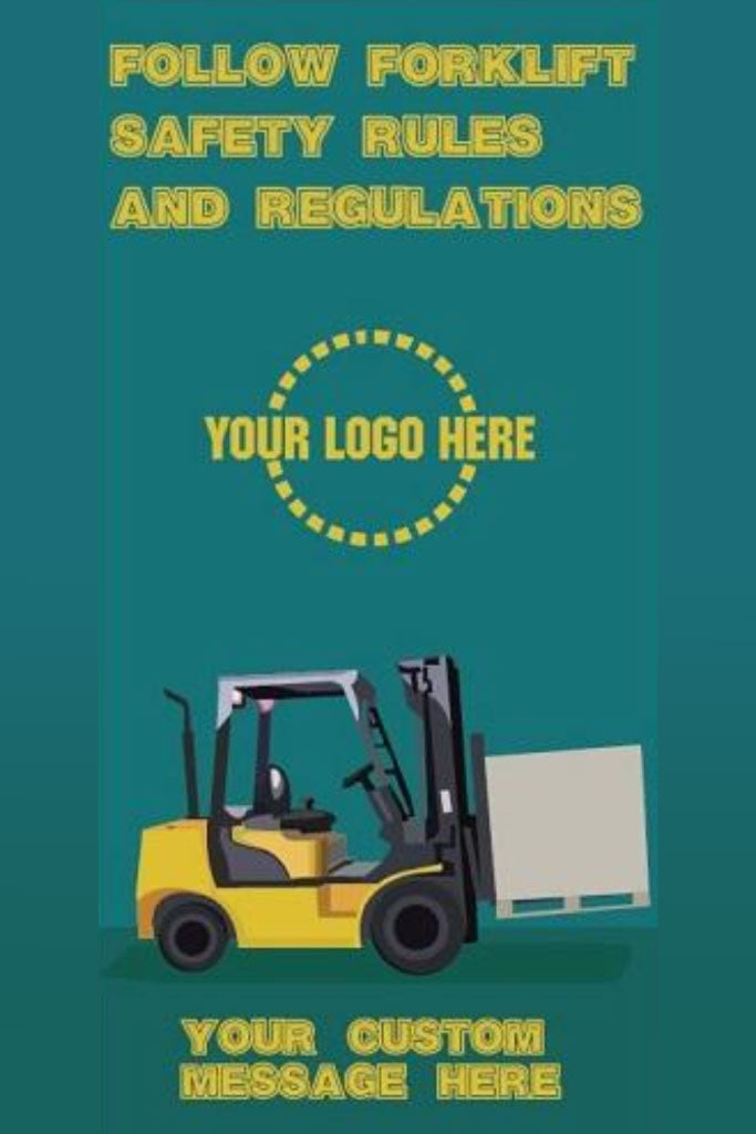 Forklift safety poster with customizable text and logo on a teal background
