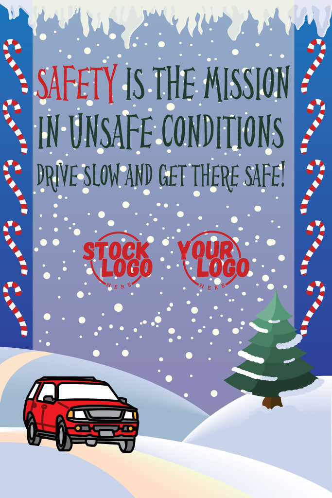 Winter safety poster with a red car, candy canes, and a tree on a snowy road.