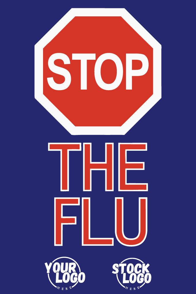 Red stop sign with 'STOP THE FLU' text on a blue background, featuring placeholder logos for customization.