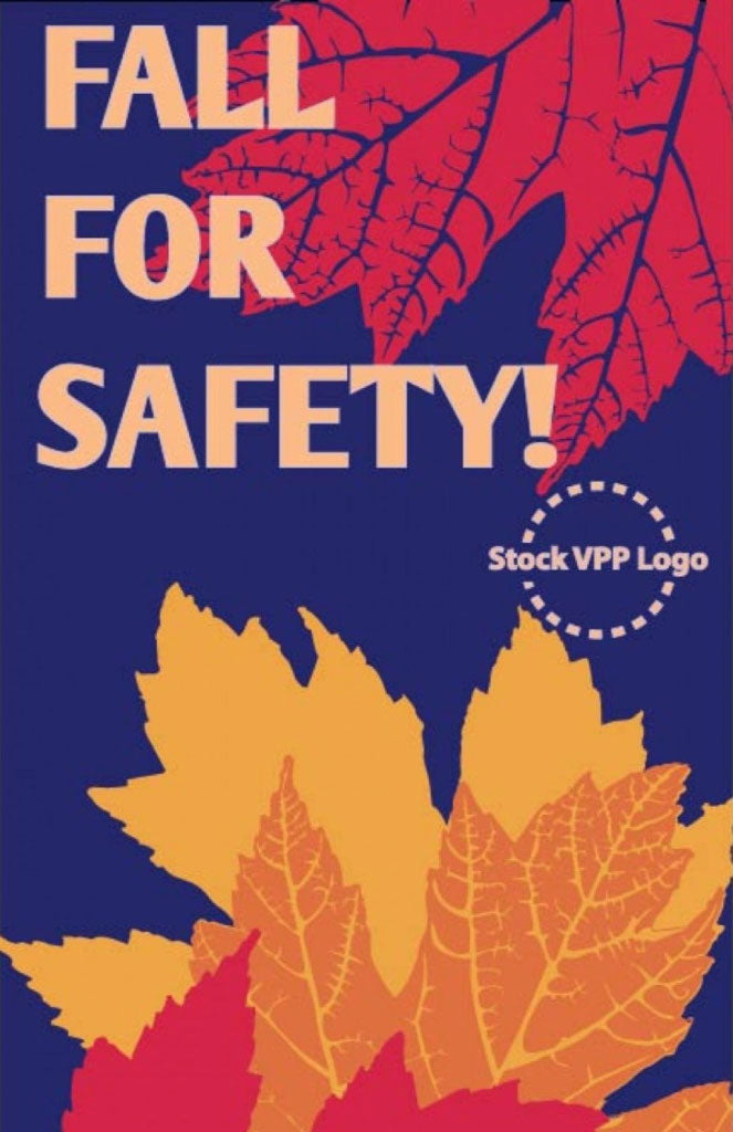 Promotional poster with autumn leaves and 'Fall for Safety!' text on a blue background.