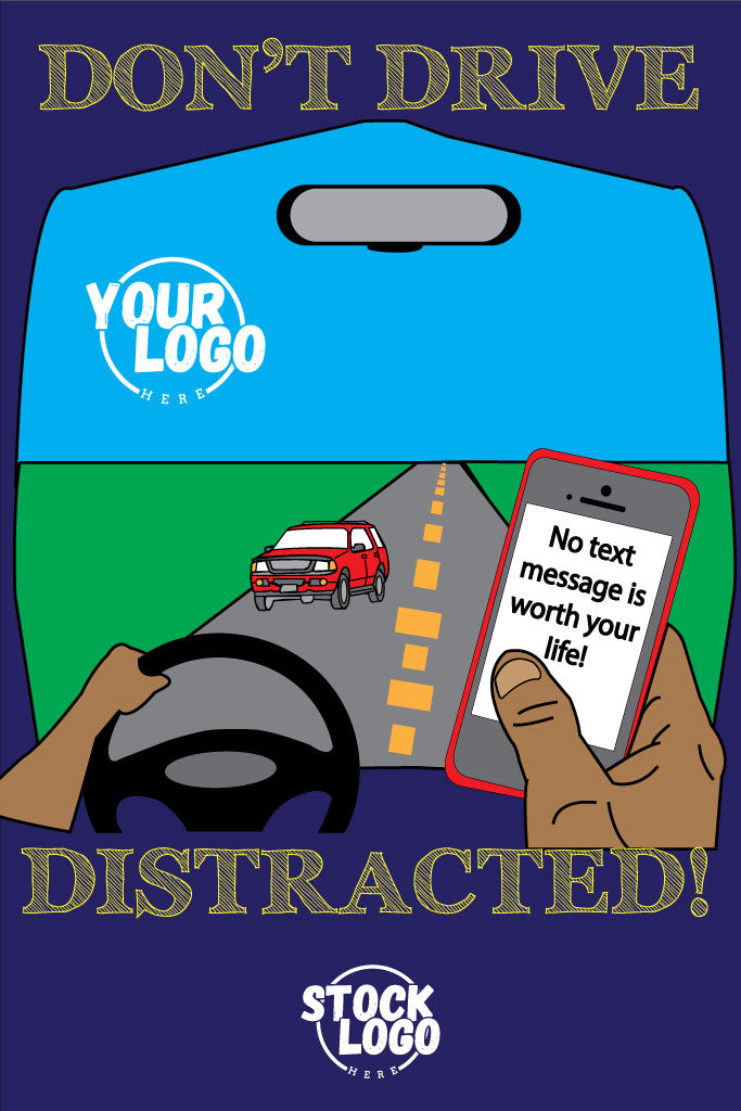 Poster with a message about distracted driving and text messaging, featuring a steering wheel and smartphone.