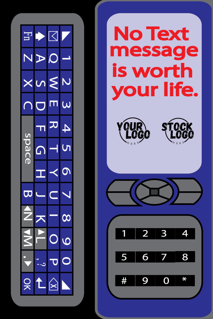 Vintage-style phone with text 'No Text message is worth your life.' and customizable logos on a black background.