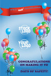 Poster with celebratory design with balloons and text on a blue background