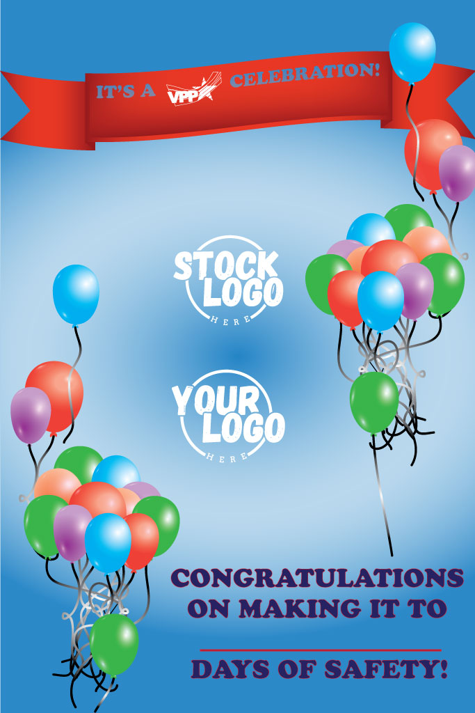 Poster with celebratory design with balloons and text on a blue background