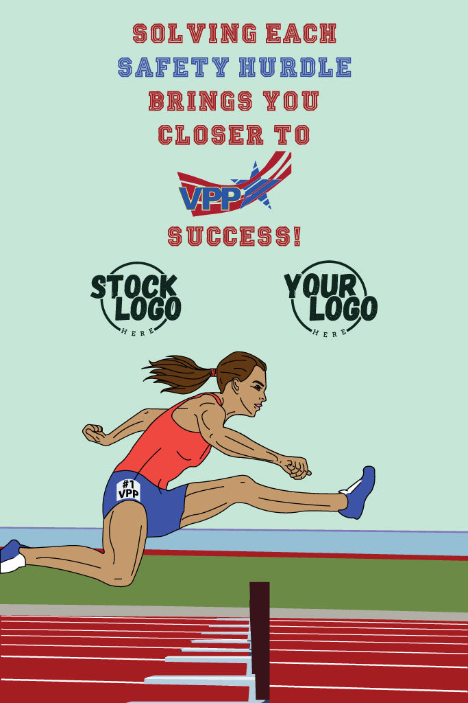 Athlete leaping over a hurdle with text and placeholder logos on a light blue background