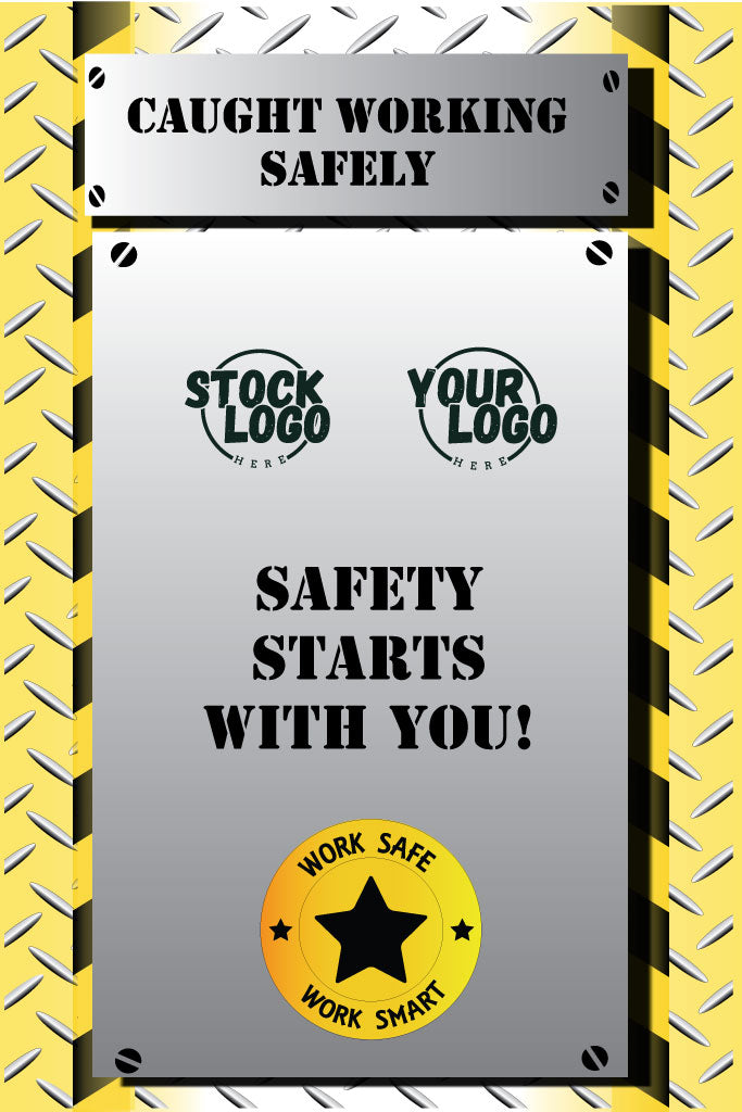 Safety poster with customizable logos and text on a yellow and black striped background