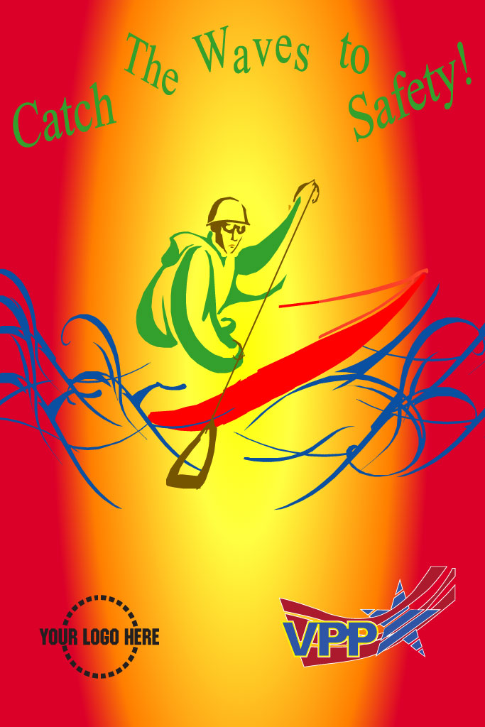 Kayaking safety poster with colorful design and text 'Catch The Waves to Safety!' on a red and yellow background.