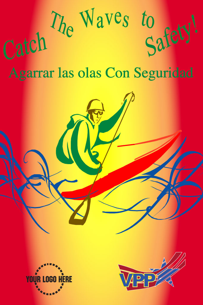 Safety poster with a person surfing, text 'Catch The Waves to Safety!' and VPP logo on a red and yellow background.