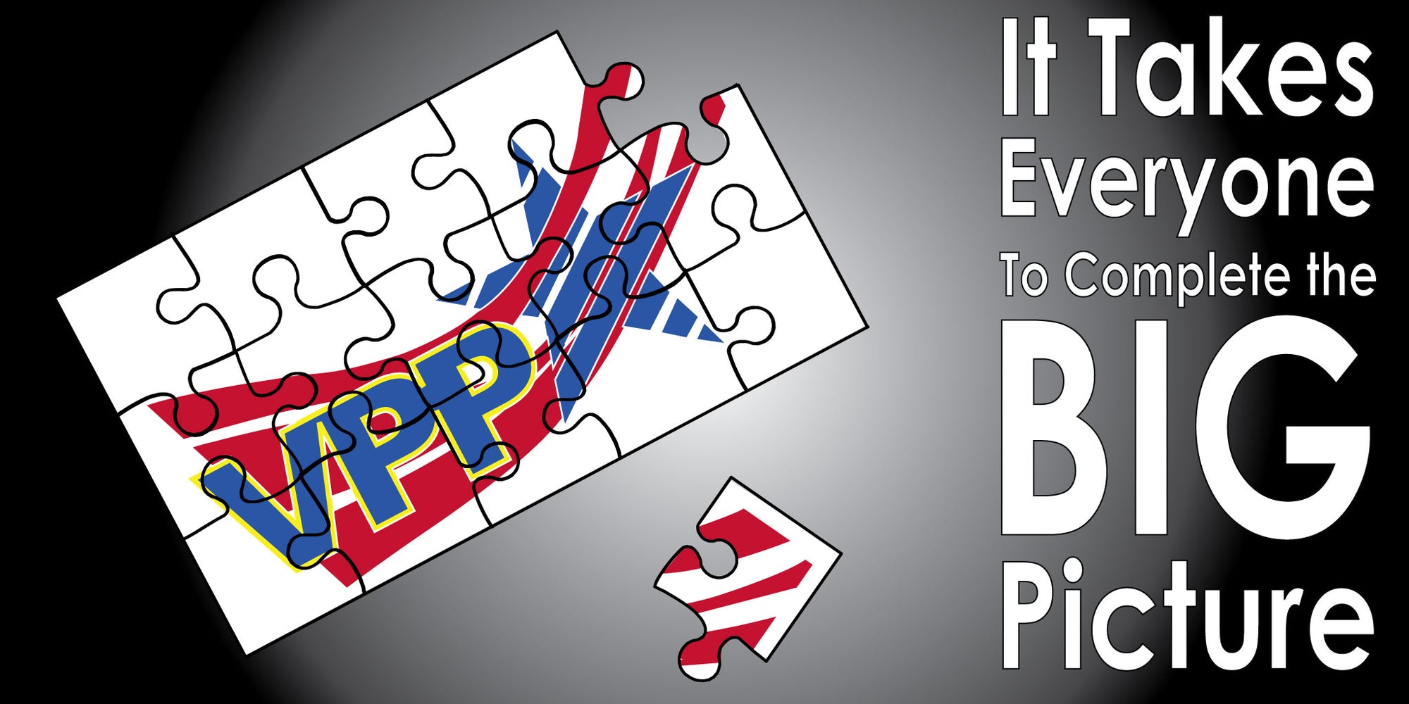Jigsaw puzzle with VPP logo and motivational text on a gray background