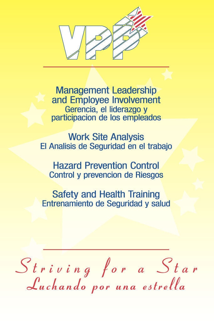 VPP (Management Leadership and Employee Involvement) program poster with text in multiple languages on a yellow background.