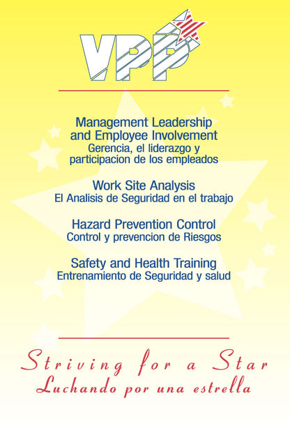 VPP (Management Leadership and Employee Involvement) program poster with text in multiple languages on a yellow background.