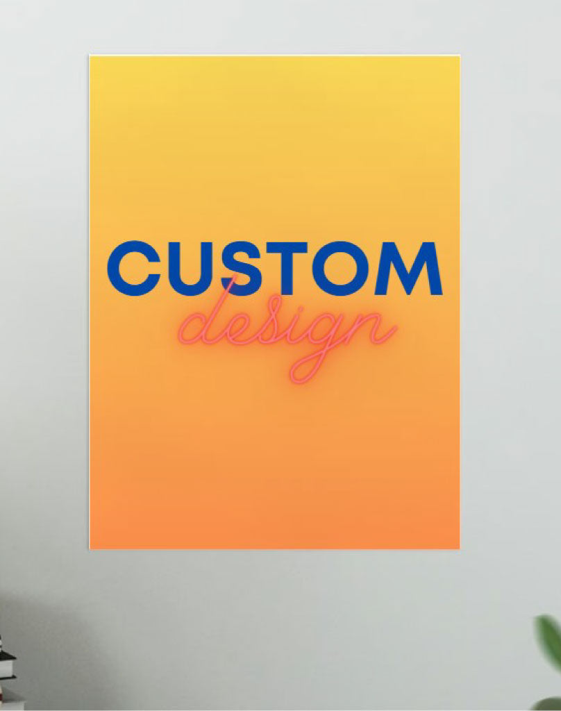 Poster with 'CUSTOM design' text on a gradient yellow to orange background