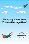 Congratulations poster with airplane, clouds, and customizable text on a blue background