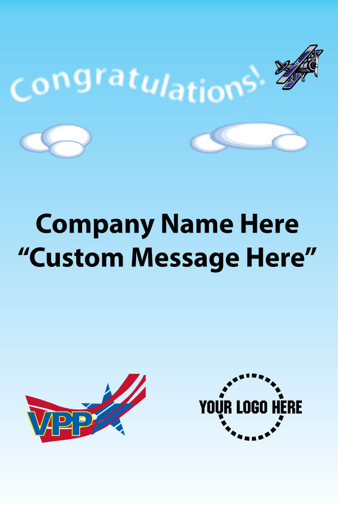 Congratulations poster with airplane, clouds, and customizable text on a blue background