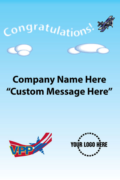 Congratulations poster with airplane, clouds, and customizable text on a blue background