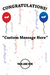  celebratory design with balloons and confetti, customizable text and logo area