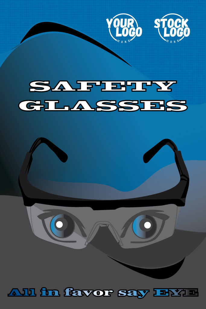Safety glasses with a blue background and text overlay.