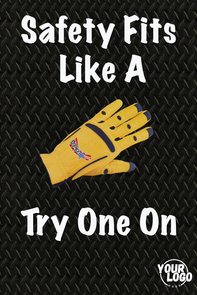 Yellow glove on a black textured background with text 'Safety Fits Like A Try One On' and a logo placeholder.