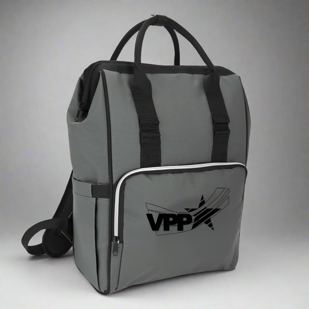 A gray cooler tote-pack with a logo on the front pocket, shown in a backpack configuration with shoulder straps.