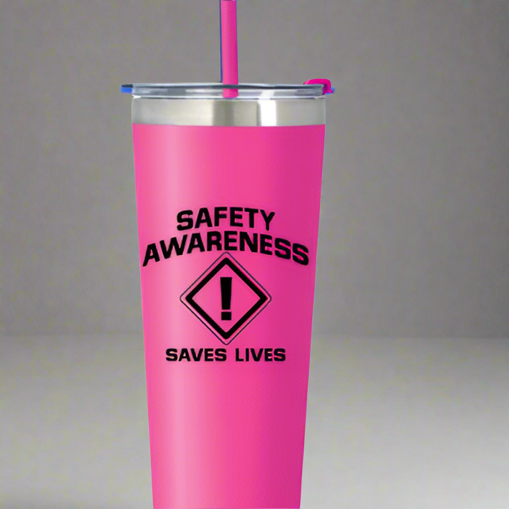 A pink stainless steel Colma tumbler with a custom health and safety logo, including a flip-top lid and a straw.