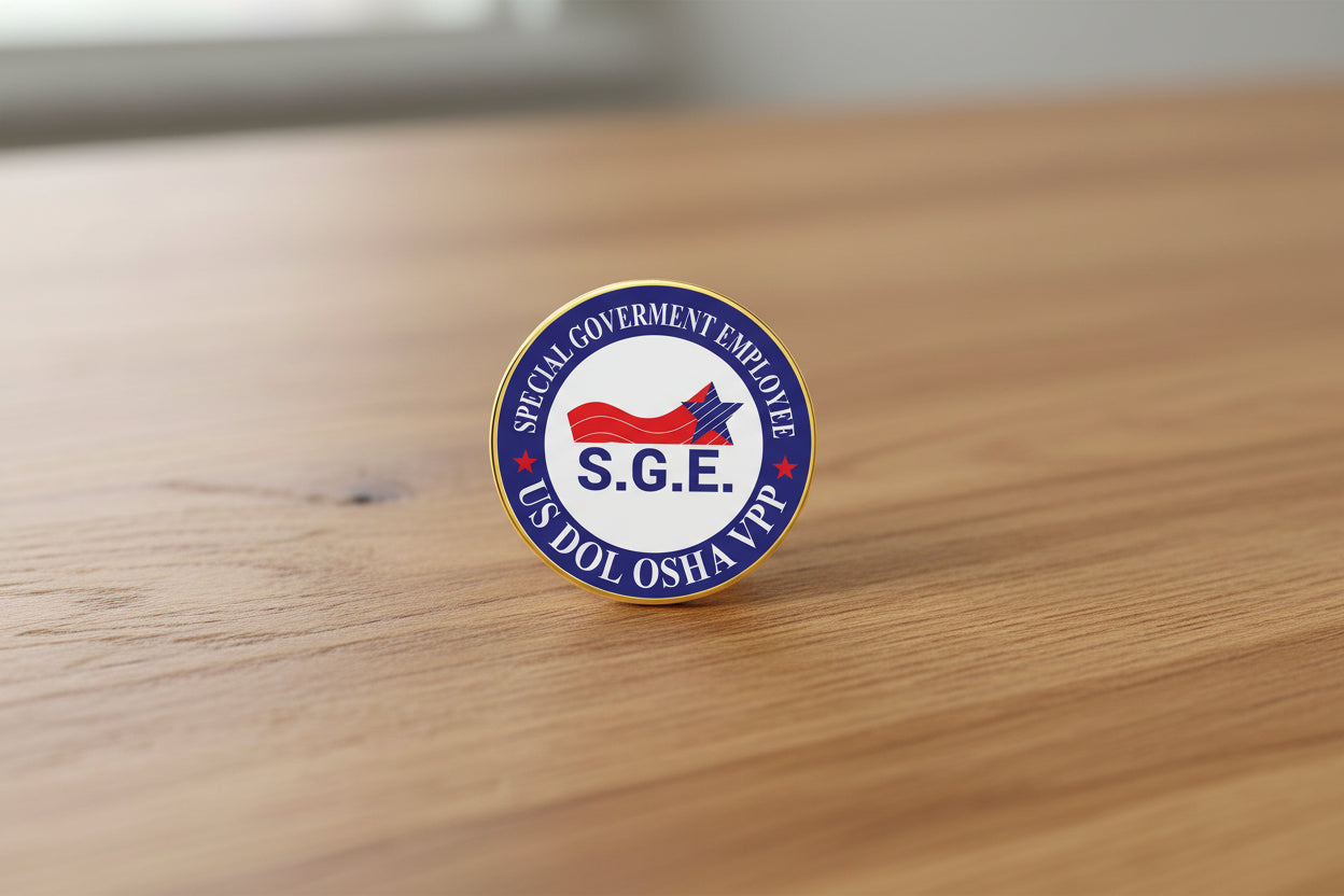 Logo for Special Government Employee (S.G.E.) with a blue, red, and white design on a white background.