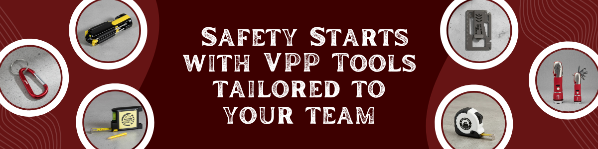 Promotional banner with safety tools and text on a red background