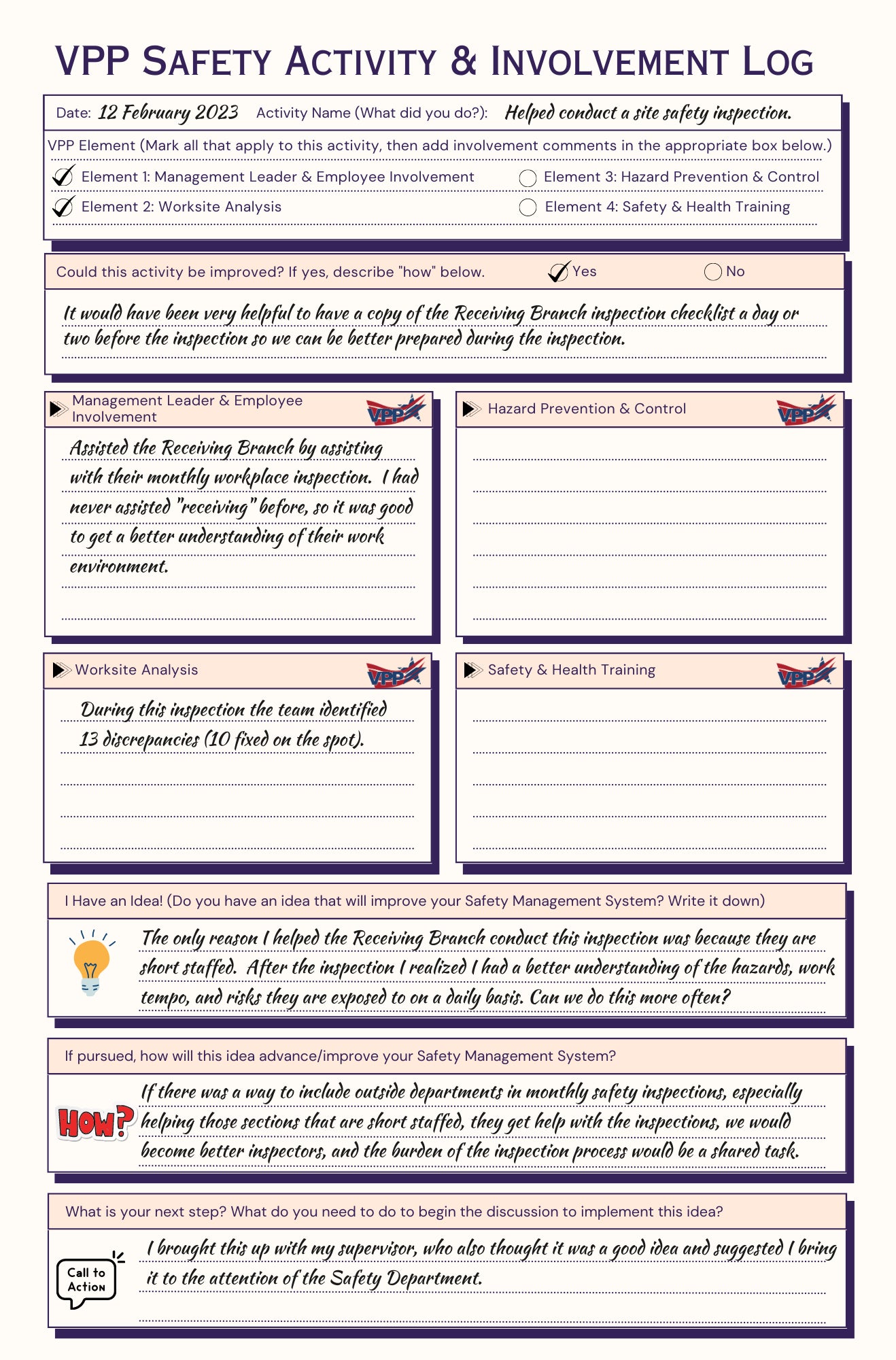 VPP Safety Activity and Involvement Log - #404286