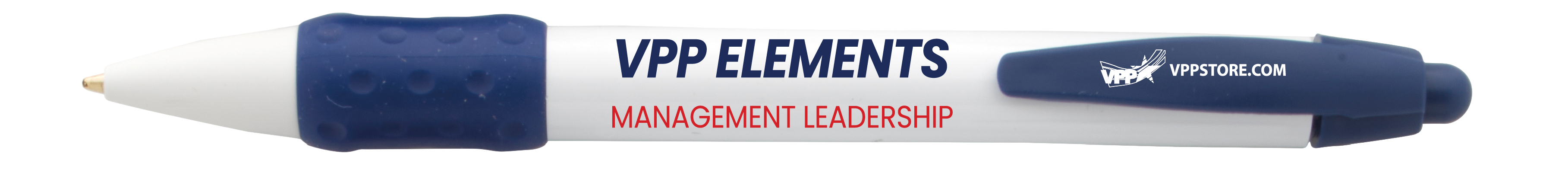 A white and navy blue VPP Elements branded ballpoint pen with red text reading 'MANAGEMENT LEADERSHIP' on a plain white background.