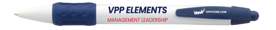 A white and navy blue VPP Elements branded ballpoint pen with red text reading 'MANAGEMENT LEADERSHIP' on a plain white background.