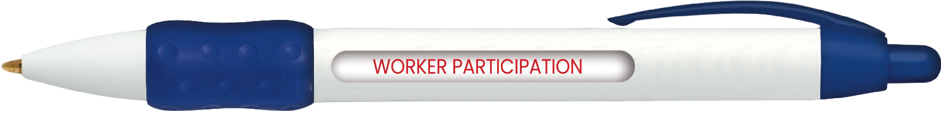 A white and blue retractable pen with a blue textured grip, gold metal tip, and a white barrel printed with the red text 'WORKER PARTICIPATION'.