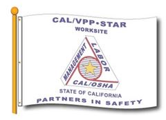 A double-sided flag with the CAL/OSHA VPP Star Worksite Flag, featuring text and graphics related to the California Occupational Safety and Health Administration.