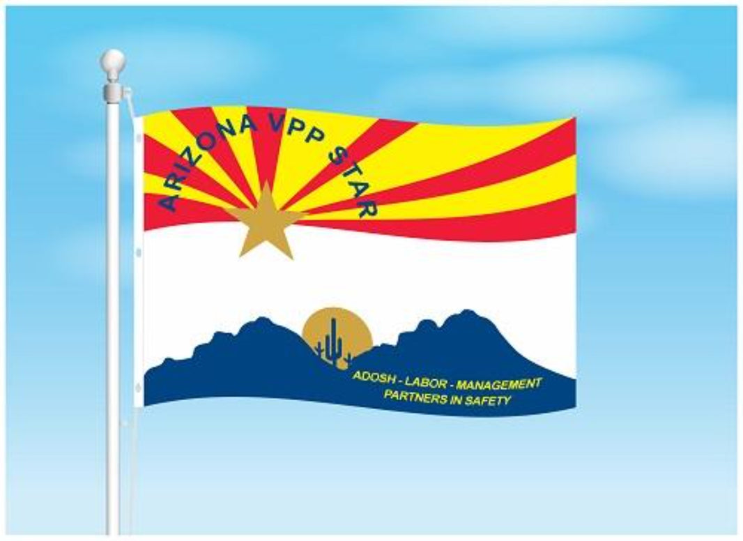 A double-sided flag with a combination of red, yellow, blue, and white colors, featuring the text 'Arizona VPP Star' and the logo of the Arizona Voluntary Protection Programs.